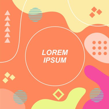 Çeşitli geometrik şekilli, süslemeli ve metin alanlı soyut arkaplan kare kartı. Geometrik memphis tarzıyla kare duvar kağıdı. Sosyal medya içeriği için kare biçiminde poster.