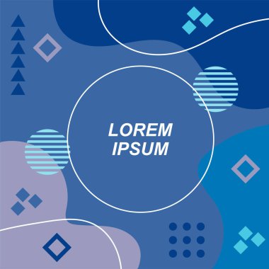 Çeşitli geometrik şekilli, süslemeli ve metin alanlı soyut arkaplan kare kartı. Geometrik memphis tarzıyla kare duvar kağıdı. Sosyal medya içeriği için kare biçiminde poster.