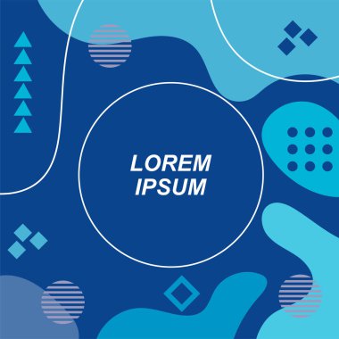 Çeşitli geometrik şekilli, süslemeli ve metin alanlı soyut arkaplan kare kartı. Geometrik memphis tarzıyla kare duvar kağıdı. Sosyal medya içeriği için kare biçiminde poster.