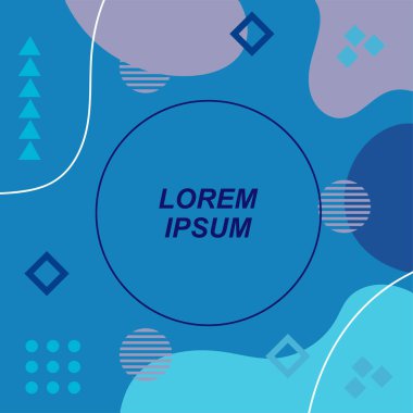 Çeşitli geometrik şekilli, süslemeli ve metin alanlı soyut arkaplan kare kartı. Geometrik memphis tarzıyla kare duvar kağıdı. Sosyal medya içeriği için kare biçiminde poster.