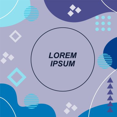 Çeşitli geometrik şekilli, süslemeli ve metin alanlı soyut arkaplan kare kartı. Geometrik memphis tarzıyla kare duvar kağıdı. Sosyal medya içeriği için kare biçiminde poster.