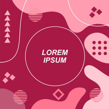 Çeşitli geometrik şekilli, süslemeli ve metin alanlı soyut arkaplan kare kartı. Geometrik memphis tarzıyla kare duvar kağıdı. Sosyal medya içeriği için kare biçiminde poster.
