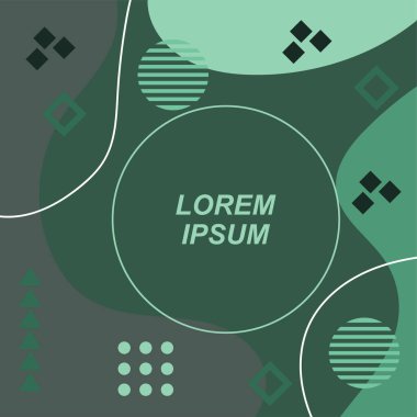 Çeşitli geometrik şekilli, süslemeli ve metin alanlı soyut arkaplan kare kartı. Geometrik memphis tarzıyla kare duvar kağıdı. Sosyal medya içeriği için kare biçiminde poster.