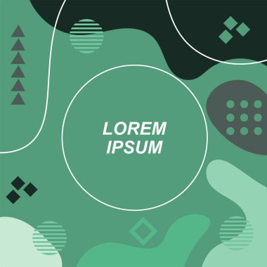 Çeşitli geometrik şekilli, süslemeli ve metin alanlı soyut arkaplan kare kartı. Geometrik memphis tarzıyla kare duvar kağıdı. Sosyal medya içeriği için kare biçiminde poster.