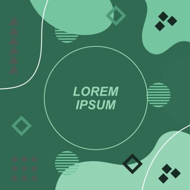 Çeşitli geometrik şekilli, süslemeli ve metin alanlı soyut arkaplan kare kartı. Geometrik memphis tarzıyla kare duvar kağıdı. Sosyal medya içeriği için kare biçiminde poster.