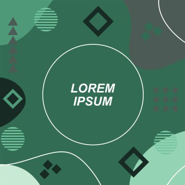 Çeşitli geometrik şekilli, süslemeli ve metin alanlı soyut arkaplan kare kartı. Geometrik memphis tarzıyla kare duvar kağıdı. Sosyal medya içeriği için kare biçiminde poster.