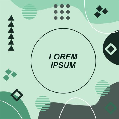 Çeşitli geometrik şekilli, süslemeli ve metin alanlı soyut arkaplan kare kartı. Geometrik memphis tarzıyla kare duvar kağıdı. Sosyal medya içeriği için kare biçiminde poster.