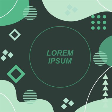 Çeşitli geometrik şekilli, süslemeli ve metin alanlı soyut arkaplan kare kartı. Geometrik memphis tarzıyla kare duvar kağıdı. Sosyal medya içeriği için kare biçiminde poster.