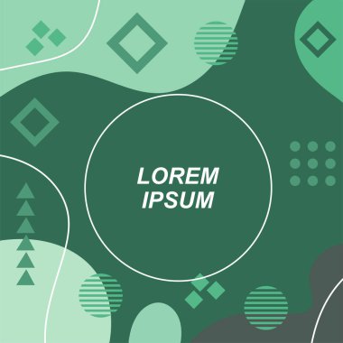 Çeşitli geometrik şekilli, süslemeli ve metin alanlı soyut arkaplan kare kartı. Geometrik memphis tarzıyla kare duvar kağıdı. Sosyal medya içeriği için kare biçiminde poster.