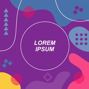 Çeşitli geometrik şekilli, süslemeli ve metin alanlı soyut arkaplan kare kartı. Geometrik memphis tarzıyla kare duvar kağıdı. Sosyal medya içeriği için kare biçiminde poster.