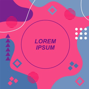 Çeşitli geometrik şekilli, süslemeli ve metin alanlı soyut arkaplan kare kartı. Geometrik memphis tarzıyla kare duvar kağıdı. Sosyal medya içeriği için kare biçiminde poster.