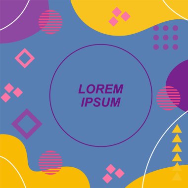 Çeşitli geometrik şekilli, süslemeli ve metin alanlı soyut arkaplan kare kartı. Geometrik memphis tarzıyla kare duvar kağıdı. Sosyal medya içeriği için kare biçiminde poster.