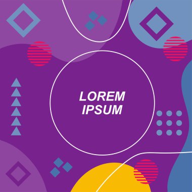 Çeşitli geometrik şekilli, süslemeli ve metin alanlı soyut arkaplan kare kartı. Geometrik memphis tarzıyla kare duvar kağıdı. Sosyal medya içeriği için kare biçiminde poster.