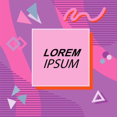 Çeşitli geometrik şekilli, süslemeli ve metin alanlı soyut arkaplan kare kartı. Geometrik memphis tarzıyla kare duvar kağıdı. Sosyal medya içeriği için kare biçiminde poster.