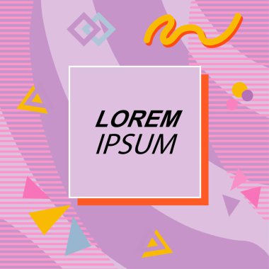 Çeşitli geometrik şekilli, süslemeli ve metin alanlı soyut arkaplan kare kartı. Geometrik memphis tarzıyla kare duvar kağıdı. Sosyal medya içeriği için kare biçiminde poster.