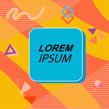 Çeşitli geometrik şekilli, süslemeli ve metin alanlı soyut arkaplan kare kartı. Geometrik memphis tarzıyla kare duvar kağıdı. Sosyal medya içeriği için kare biçiminde poster.