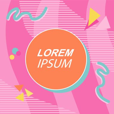 Çeşitli geometrik şekilli, süslemeli ve metin alanlı soyut arkaplan kare kartı. Geometrik memphis tarzıyla kare duvar kağıdı. Sosyal medya içeriği için kare biçiminde poster.