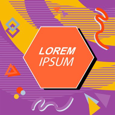 Çeşitli geometrik şekilli, süslemeli ve metin alanlı soyut arkaplan kare kartı. Geometrik memphis tarzıyla kare duvar kağıdı. Sosyal medya içeriği için kare biçiminde poster.