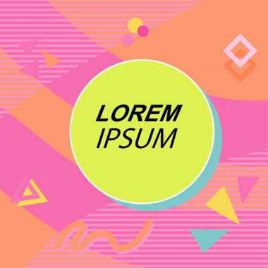 Çeşitli geometrik şekilli, süslemeli ve metin alanlı soyut arkaplan kare kartı. Geometrik memphis tarzıyla kare duvar kağıdı. Sosyal medya içeriği için kare biçiminde poster.
