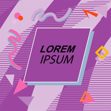 Çeşitli geometrik şekilli, süslemeli ve metin alanlı soyut arkaplan kare kartı. Geometrik memphis tarzıyla kare duvar kağıdı. Sosyal medya içeriği için kare biçiminde poster.