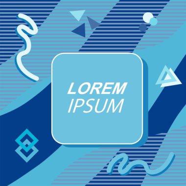 Çeşitli geometrik şekilli, süslemeli ve metin alanlı soyut arkaplan kare kartı. Geometrik memphis tarzıyla kare duvar kağıdı. Sosyal medya içeriği için kare biçiminde poster.