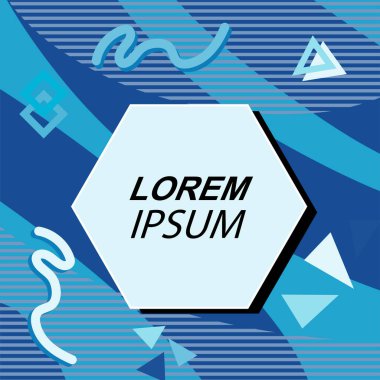 Çeşitli geometrik şekilli, süslemeli ve metin alanlı soyut arkaplan kare kartı. Geometrik memphis tarzıyla kare duvar kağıdı. Sosyal medya içeriği için kare biçiminde poster.