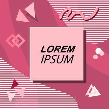 Çeşitli geometrik şekilli, süslemeli ve metin alanlı soyut arkaplan kare kartı. Geometrik memphis tarzıyla kare duvar kağıdı. Sosyal medya içeriği için kare biçiminde poster.