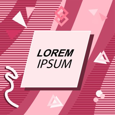 Çeşitli geometrik şekilli, süslemeli ve metin alanlı soyut arkaplan kare kartı. Geometrik memphis tarzıyla kare duvar kağıdı. Sosyal medya içeriği için kare biçiminde poster.