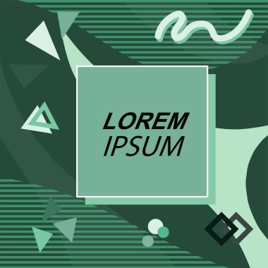 Çeşitli geometrik şekilli, süslemeli ve metin alanlı soyut arkaplan kare kartı. Geometrik memphis tarzıyla kare duvar kağıdı. Sosyal medya içeriği için kare biçiminde poster.