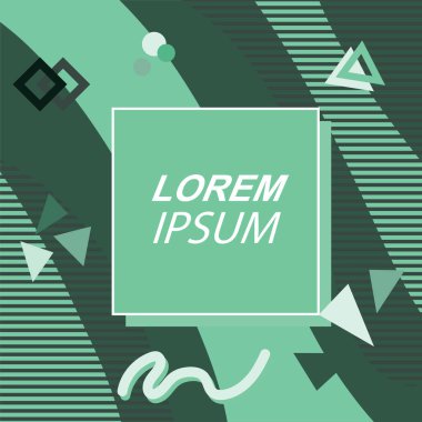 Çeşitli geometrik şekilli, süslemeli ve metin alanlı soyut arkaplan kare kartı. Geometrik memphis tarzıyla kare duvar kağıdı. Sosyal medya içeriği için kare biçiminde poster.