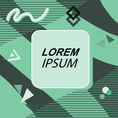 Çeşitli geometrik şekilli, süslemeli ve metin alanlı soyut arkaplan kare kartı. Geometrik memphis tarzıyla kare duvar kağıdı. Sosyal medya içeriği için kare biçiminde poster.