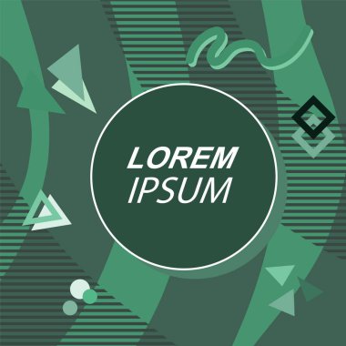 Çeşitli geometrik şekilli, süslemeli ve metin alanlı soyut arkaplan kare kartı. Geometrik memphis tarzıyla kare duvar kağıdı. Sosyal medya içeriği için kare biçiminde poster.