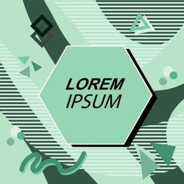 Çeşitli geometrik şekilli, süslemeli ve metin alanlı soyut arkaplan kare kartı. Geometrik memphis tarzıyla kare duvar kağıdı. Sosyal medya içeriği için kare biçiminde poster.