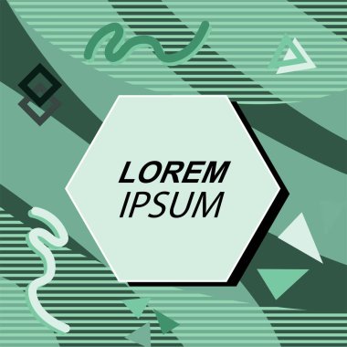 Çeşitli geometrik şekilli, süslemeli ve metin alanlı soyut arkaplan kare kartı. Geometrik memphis tarzıyla kare duvar kağıdı. Sosyal medya içeriği için kare biçiminde poster.