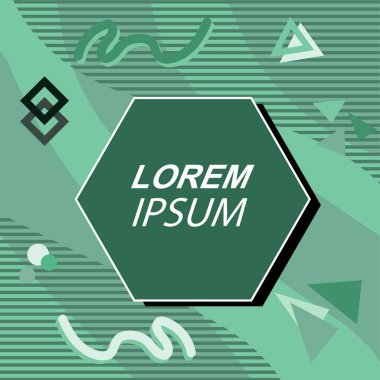 Çeşitli geometrik şekilli, süslemeli ve metin alanlı soyut arkaplan kare kartı. Geometrik memphis tarzıyla kare duvar kağıdı. Sosyal medya içeriği için kare biçiminde poster.
