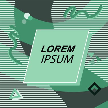 Çeşitli geometrik şekilli, süslemeli ve metin alanlı soyut arkaplan kare kartı. Geometrik memphis tarzıyla kare duvar kağıdı. Sosyal medya içeriği için kare biçiminde poster.