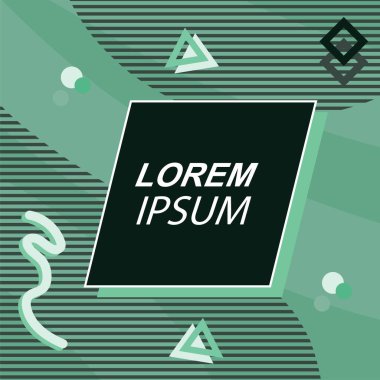 Çeşitli geometrik şekilli, süslemeli ve metin alanlı soyut arkaplan kare kartı. Geometrik memphis tarzıyla kare duvar kağıdı. Sosyal medya içeriği için kare biçiminde poster.
