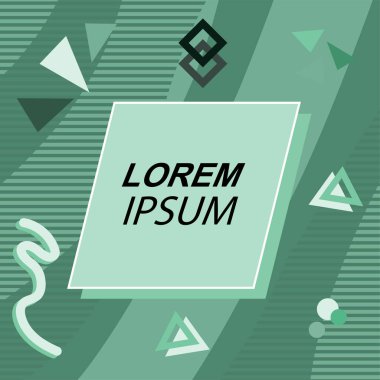 Çeşitli geometrik şekilli, süslemeli ve metin alanlı soyut arkaplan kare kartı. Geometrik memphis tarzıyla kare duvar kağıdı. Sosyal medya içeriği için kare biçiminde poster.