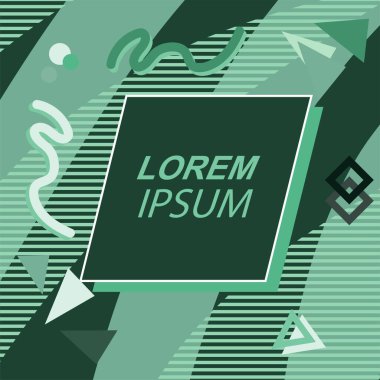 Çeşitli geometrik şekilli, süslemeli ve metin alanlı soyut arkaplan kare kartı. Geometrik memphis tarzıyla kare duvar kağıdı. Sosyal medya içeriği için kare biçiminde poster.