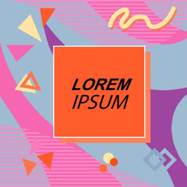 Çeşitli geometrik şekilli, süslemeli ve metin alanlı soyut arkaplan kare kartı. Geometrik memphis tarzıyla kare duvar kağıdı. Sosyal medya içeriği için kare biçiminde poster.