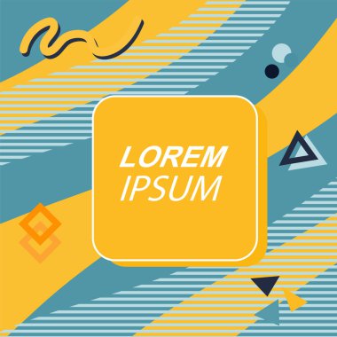 Çeşitli geometrik şekilli, süslemeli ve metin alanlı soyut arkaplan kare kartı. Geometrik memphis tarzıyla kare duvar kağıdı. Sosyal medya içeriği için kare biçiminde poster.
