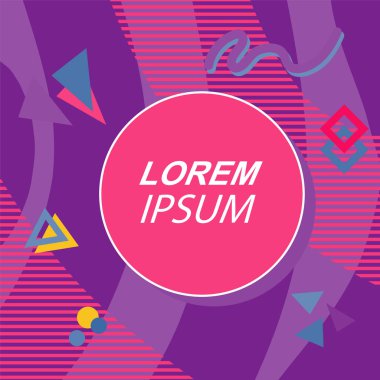 Çeşitli geometrik şekilli, süslemeli ve metin alanlı soyut arkaplan kare kartı. Geometrik memphis tarzıyla kare duvar kağıdı. Sosyal medya içeriği için kare biçiminde poster.