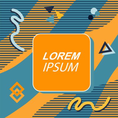 Çeşitli geometrik şekilli, süslemeli ve metin alanlı soyut arkaplan kare kartı. Geometrik memphis tarzıyla kare duvar kağıdı. Sosyal medya içeriği için kare biçiminde poster.