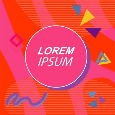Çeşitli geometrik şekilli, süslemeli ve metin alanlı soyut arkaplan kare kartı. Geometrik memphis tarzıyla kare duvar kağıdı. Sosyal medya içeriği için kare biçiminde poster.