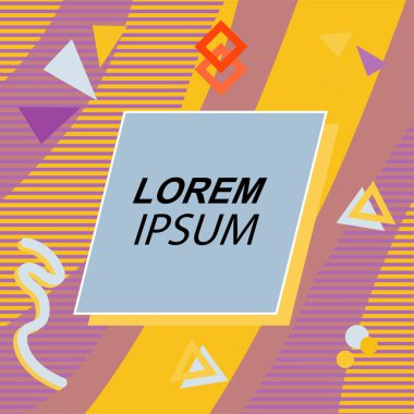 Çeşitli geometrik şekilli, süslemeli ve metin alanlı soyut arkaplan kare kartı. Geometrik memphis tarzıyla kare duvar kağıdı. Sosyal medya içeriği için kare biçiminde poster.