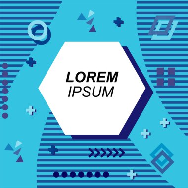 Çeşitli geometrik şekilli, süslemeli ve metin alanlı soyut arkaplan kare kartı. Geometrik memphis tarzıyla kare duvar kağıdı. Sosyal medya içeriği için kare biçiminde poster.