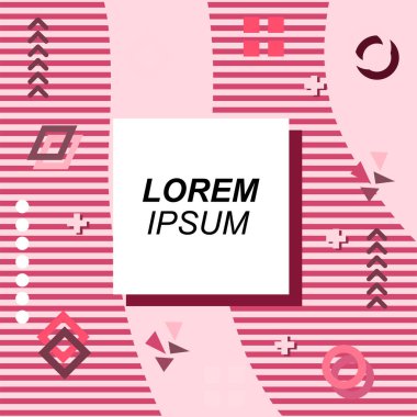 Çeşitli geometrik şekilli, süslemeli ve metin alanlı soyut arkaplan kare kartı. Geometrik memphis tarzıyla kare duvar kağıdı. Sosyal medya içeriği için kare biçiminde poster.