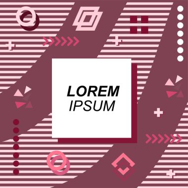 Çeşitli geometrik şekilli, süslemeli ve metin alanlı soyut arkaplan kare kartı. Geometrik memphis tarzıyla kare duvar kağıdı. Sosyal medya içeriği için kare biçiminde poster.