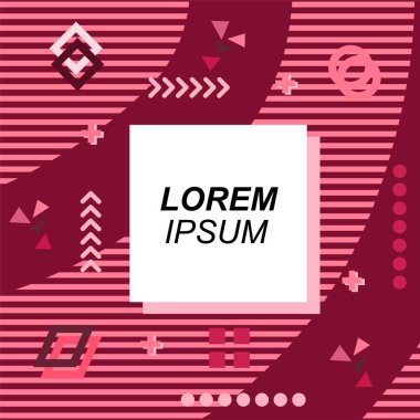 Çeşitli geometrik şekilli, süslemeli ve metin alanlı soyut arkaplan kare kartı. Geometrik memphis tarzıyla kare duvar kağıdı. Sosyal medya içeriği için kare biçiminde poster.