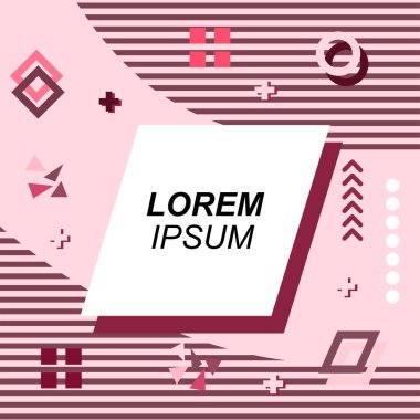 Çeşitli geometrik şekilli, süslemeli ve metin alanlı soyut arkaplan kare kartı. Geometrik memphis tarzıyla kare duvar kağıdı. Sosyal medya içeriği için kare biçiminde poster.